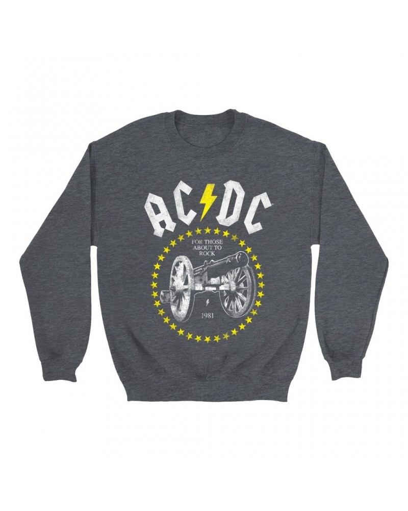 AC/DC Sweatshirt | 1981 For Those About To Rock Yellow Design Distressed Sweatshirt $16.43 Sweatshirts