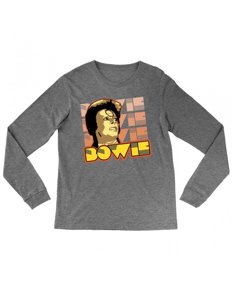 David Bowie Heather Long Sleeve Shirt | Ziggy Stardust Close Up Retro Shirt $13.78 Shirts