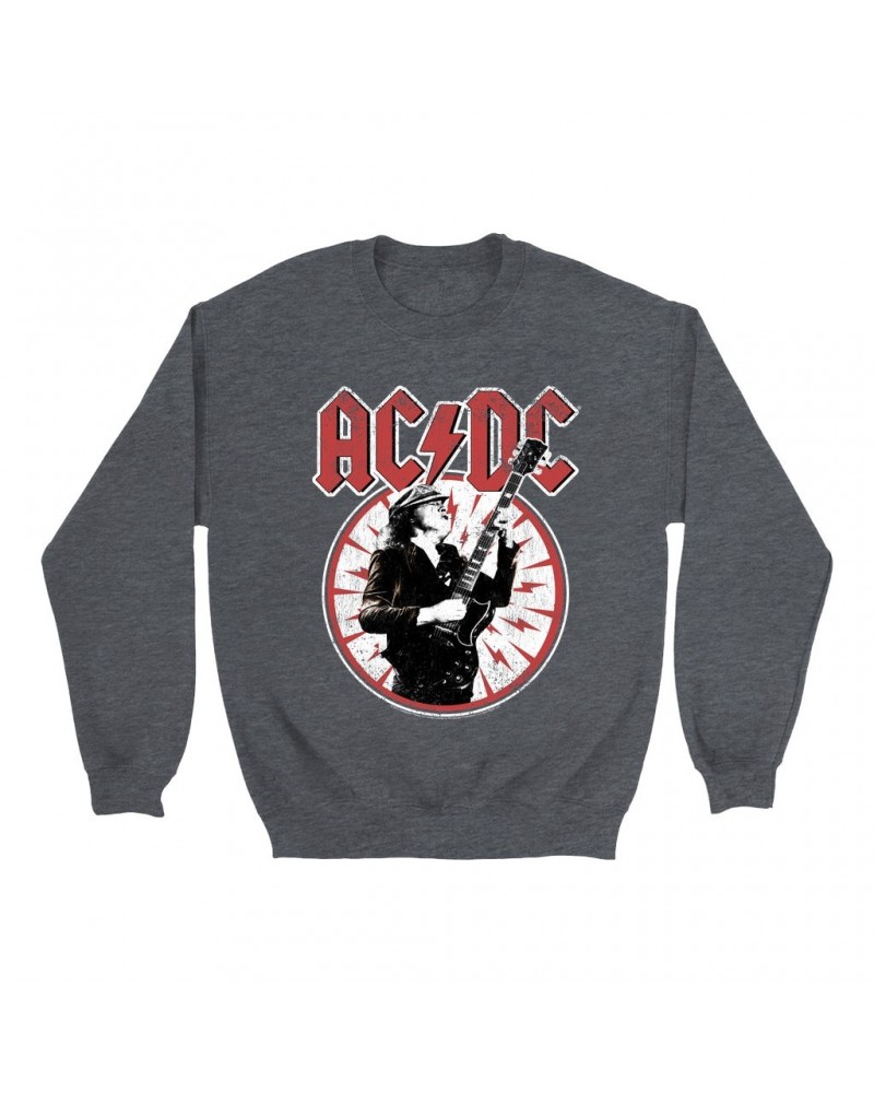 AC/DC Sweatshirt | Angus Young In Bolts Design Distressed Sweatshirt $16.78 Sweatshirts